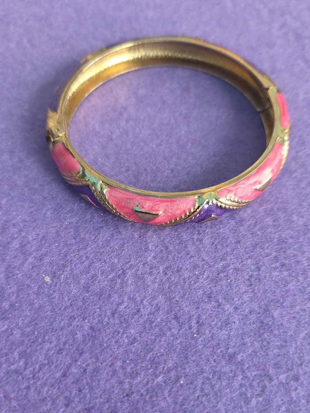 Gold-Tone Hinged Bangle Bracelet with Pink Enamel Accents - Women Jewelry